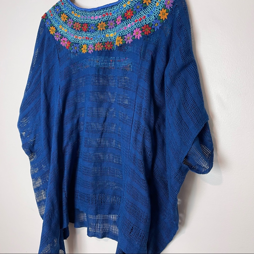 Mi Golondrina | Floral Embroidered Poncho Royal Blue Beach Coverup OS - Picture 7 of 10